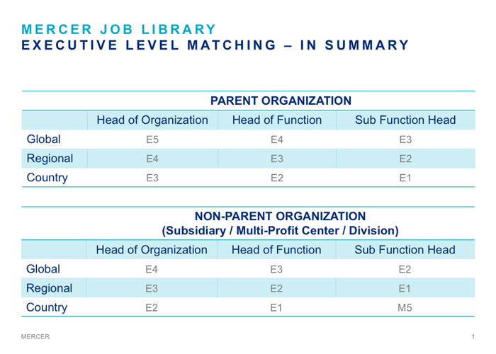 Mercer Job Library executive level matching in summary graphic