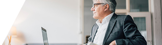 General industry salary surveys hero image of man sitting in front of laptop